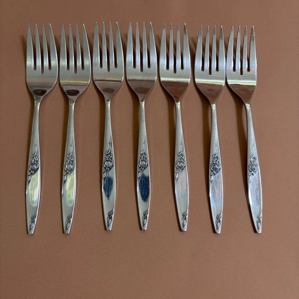 West Bend Twilight Rose Stainless Salad Forks Set of 7 USA Floral Flatware